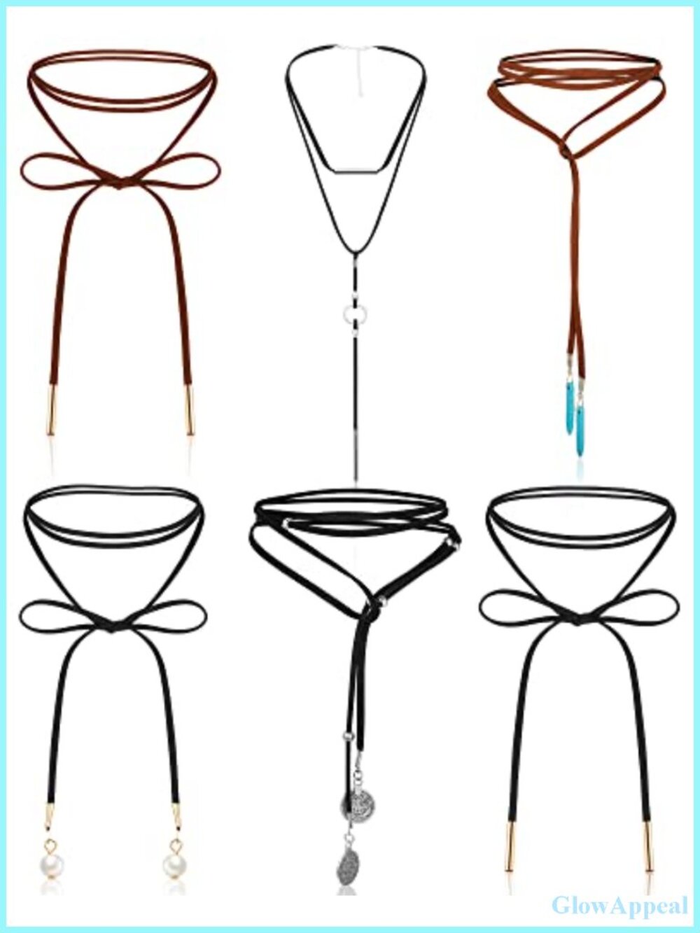 6 Pc Women's Velvet Leather Choker Necklace Set Western Tie